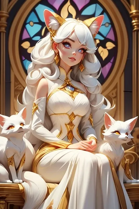 Perfect face. Perfect hands. A white haired woman with copper eyes and an hourglass figure with white fox ears and a white fox tail in a golden ballgown is smiling while sitting in front of a stained glass windows in a Gothic ballroom