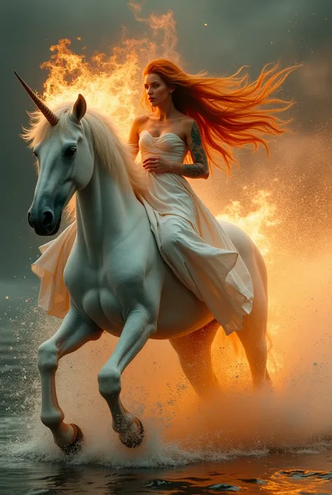  realistic , Magical scene ,  riding a white unicorn out of clouds, engulfed in flames, Fire,  A woman , Very long-haired Ginger ,  orange and luminescent green tattoos ,  using white fabric , in a lake,  drops of water splashing , circular vortex ,  dark ...