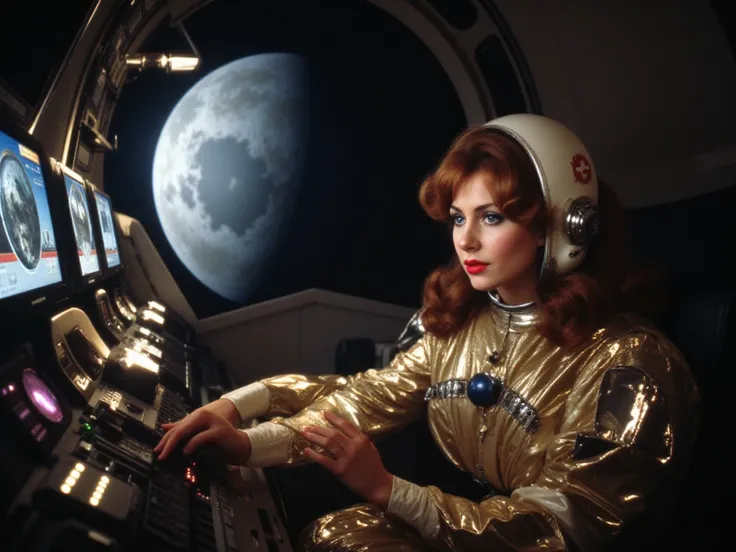 UHD, 4k, ultra detailed, cinematic, a photograph of In a retro-futuristic lunar module cockpit designed with Super Panavision 70 aesthetics, a poised brunette pilot focuses intently on the glowing controls. Her metallic gold and silver space suit features ...