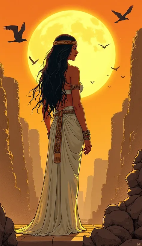  give me an image of Cleopatra dressed very sexy in ancient Egypt looking at people how she works , Under a big sun , birds,  and around her paying tribute to Cleopatra and making it a retro comics image 