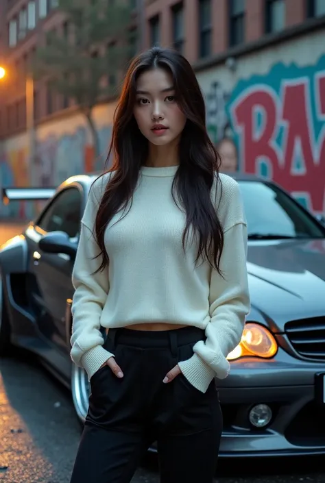 close up photograph of beauty woman korean,face facing foward to camera,wearing white sweater and long trousser black, standing in front side sport car MERCEDES BENZ CLK 500 red metalic chrome color with wide body kitt racing look,racing wheel chrome,lowgr...