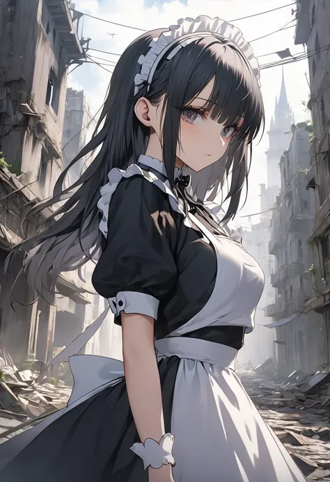 An anime girl is in an abandoned city with a sword,8 K, Anime Style 4k,  gothic maid style anime girl , 2.  5d cgi anime fantasy art, 