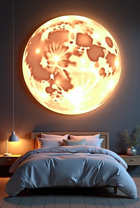 there is a bed with a white comforter and a lamp on it, an ambient occlusion render by Anna Füssli, trending on polycount, conceptual art, large glowing moon, large detailed moon, large moon, moon ligth, giant moon, warm ambient light, big moon, moon backl...