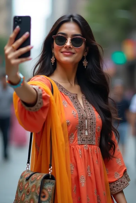 Girl in salwar suit clicking selfie with bag in hand and wearing sunglasses 