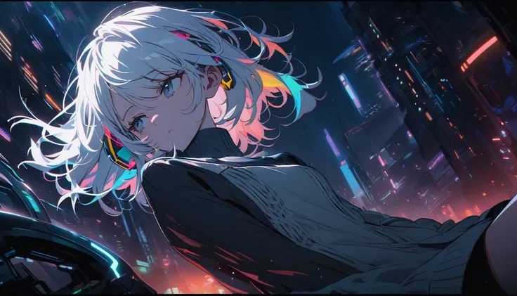 handsome cute , Lonely,  1 Woman ,  medium hair, White Hair,  rainbow hair, [Sleepy eyes,  RAINBOW HEADPHONES ,  knit dress, Futuristic,  cyberpunk, Cybernetics panorama, In the Night,  look away, On the back,