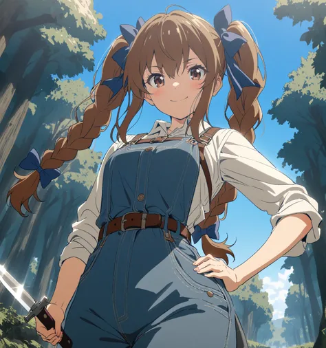 {{Artist: sincos}} 1girl, twin_braids, braid, solo, outdoors, brown_hair, shirt, smile, brown_eyes, long_hair, holding, white_shirt,, hand_on_hip, sleeveless _shirt, sleeveless belt, looking_at_viewer, collared_shirt, bag, weapon, day, closed_mouth, blue o...