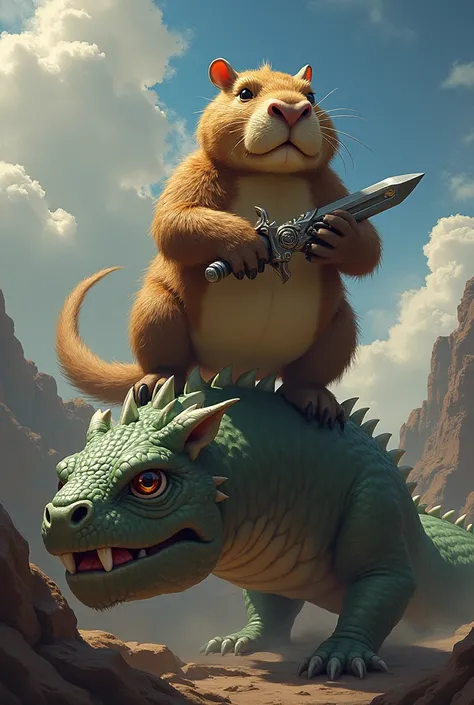 Draw a capybara with a weapon in hand on a dragon