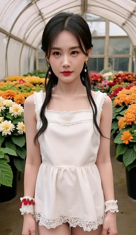 (((Ultra-realistic))) (((photorealism:1.2))), a Thai woman, beautiful, cute, with dimples, wearing a very short white cotton dress above the knee, the skirt is adorned with a ruffled lace trim at the bottom for a charming look, wearing white socks almost t...