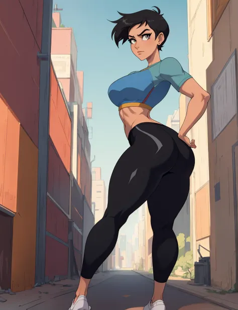 Femme Fatale, Lois Lane, very short black hair, grey eyes, beautiful face, perfect female anatomy, perfect sexy thighs, tight ass leggings, crop top , full body shot, cowboy shot, perfect female body 