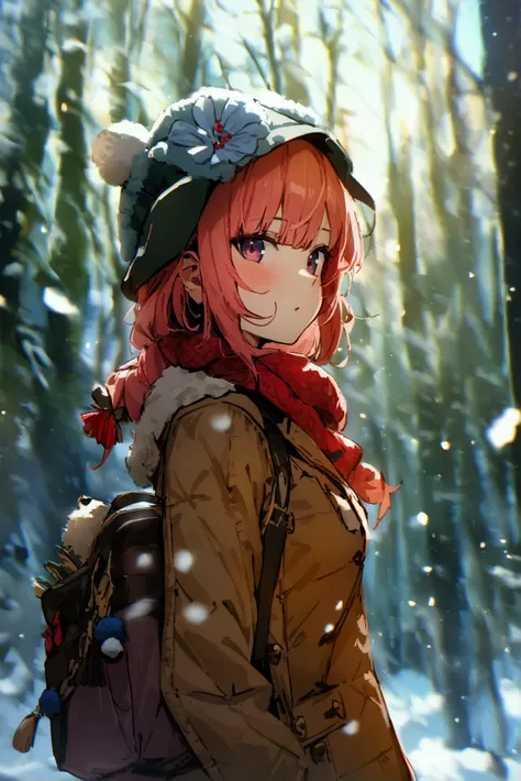  girl , Forest Calliope (New Year ),  hololive , solo,  viewers because its Shiragane in the middle of winter, Outdoor,  cinematic angle ,  waving, masterpiece,  top quality ,  very aesthetic,  super high res