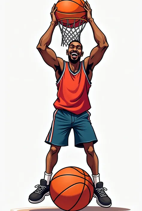 cartoon of a man holding a basketball hoop over a basketball, a cartoon inspired by Steve Argyle, dribble contest winner, digital art, dunking, telegram sticker, from then on a basketball, in cartoon style, charicature, telegram sticker design, basketball,...