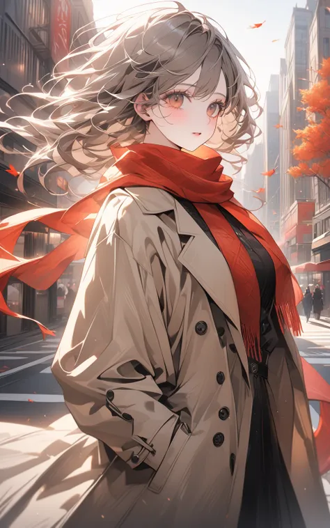 Urban elegance
"Hyper-detailed nano-textured woman in 8K resolution, showcasing intricate patterns on a beige trench coat and vibrant red silk scarf. The scene features a bustling city street with autumn leaves swirling in the wind, all rendered with stunn...