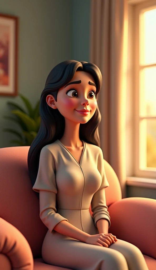 A pakistani 25 years age wife sitting in living room. with a curious expression on her face, is asking a question. she looks relaxed, wearing a simple dress, while the room is warmly lit with soft colors."
Generate in cinematic 3D cartoon style 