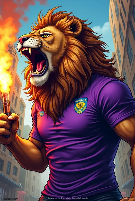 
Create a lion with a purple t-shirt, drawn in the style of South American soccer fans, brave bars on the banners and stickers, the lion being very angry and having a fire flare in his hand.