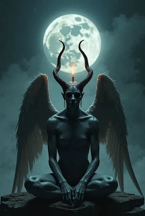 Make sitting , Angel Wings, long horns,  a candle on top of your head ,  empty eyes ,  a white moon and a black moon