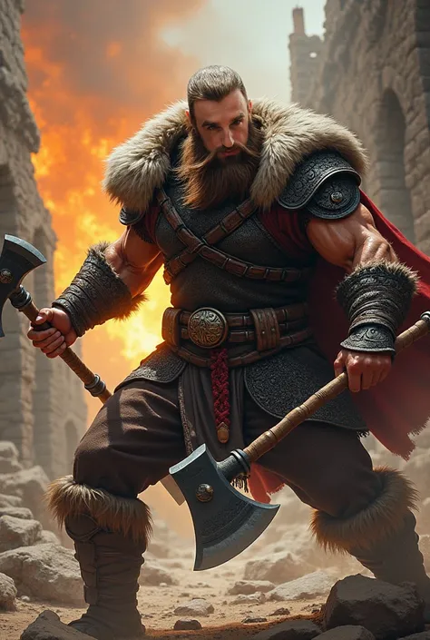 An viking berserker, with intricate helmet, aggressive, fighting with axe and sword, dynamic pose, dueling stance. Rich clothes, colorfull , battle equipment, alone, brown beard with some gray hair. Painting style. Behind him is burning monastery