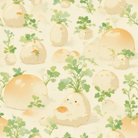 An intricate and highly designed traditional Japanese woodblock styled pattern featuring a cute chubby daikon character with leafy greens, arranged as an ornamental design. The pattern is seamless, featuring the  daikon in various poses, with light pastel ...