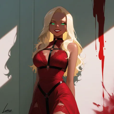 OC, female, semi realism, dark tanned skin, red lips, blonde eyebrows, perfect face, long wavy light Ashe blonde hair with bang,  half-closed Green eyes, evil smile, red glamorous, sweet aesthetic, harness and lace mystic dress, mystic luminescent, sexy, m...