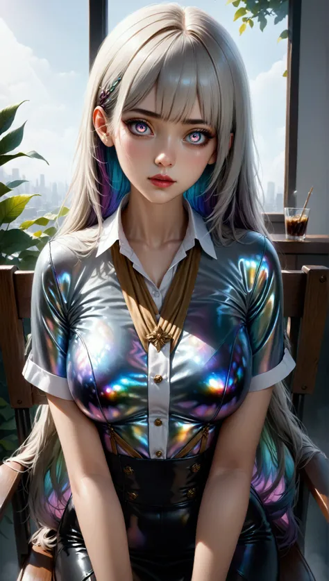 (masterpiece, aesthetic, detailed eyes, realistic), 1girl ,18 year old, mahiru shiina, Long smooth straight grey hair, inner dark iridescent hair,dark iridescent eyes, large bust, large hips, slim waist, sitting in uniform on chair, super detail, best qual...