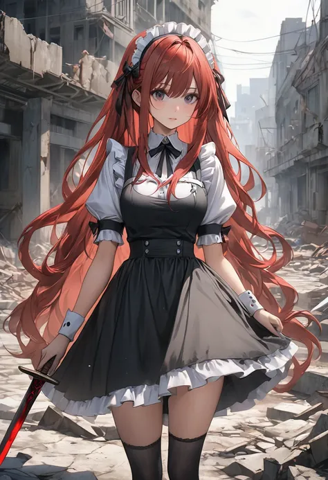 An anime girl is in an abandoned city with a sword,8 K, Anime Style 4k,  gothic maid style anime girl , ( high res)、 beautiful faces、 realistic human skin、、( longhair :1.4)、 red hair、( Cute Hairstyle )、( beautiful women)、 medium breasts、whole body