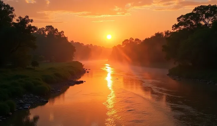 Prompt (English):
"A serene scene capturing the sunset, a peaceful river flowing gently, and the sound of temple bells in the background. Explore the tranquil beauty of this moment, symbolizing harmony between nature, spirituality, and the passage of time....