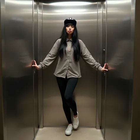 a beauty woman black hairstylish, wear outfit shirt clothes long leggings cloth, wear shoes, adidas hat, he was straight on middle between elevator by both legs stuck to right and left wall, natural, tongue out, funny, stupid, real photo, real indonesia pe...