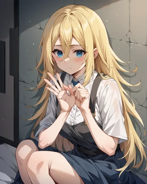 score_9, score_8_up, score_7_up, score_6_up, score_5_up, score_4_up, BREAK source_anime,
rachel gardner, 1girl, solo, long hair, blonde hair, blue eyes, hair between eyes, simple white knee-length dress, look to point of view camera, hands gesture like "co...