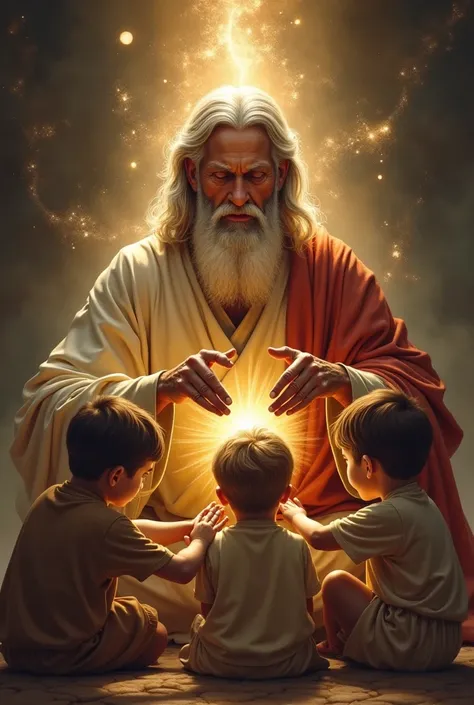  The rens Blessing
Jacob aged , sitting or lying down ,  placing hands on his grandchildren Ephraim and Manasseh, blessing them.
 Show Jacobs ren around him ,  with expressions of respect 