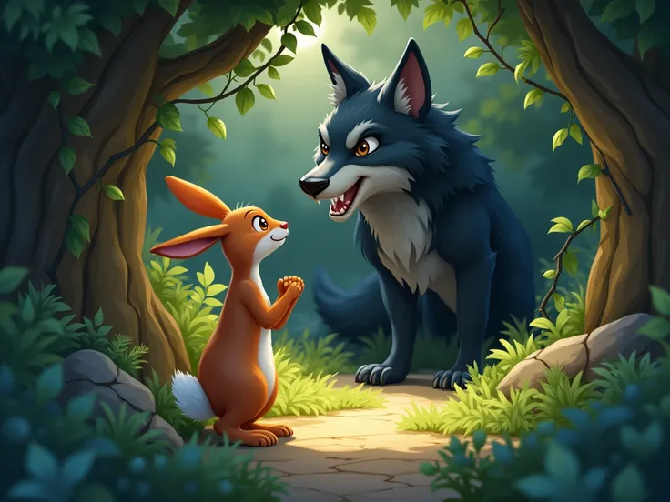 Prompt: Illustrate the moment when the rabbit stumbles upon the wolf’s den. Capture her feelings of curiosity and bravery as she approaches the dark cave hidden behind vines. Describe the wolf’s initial reaction—his growl and piercing gaze—and how the rabb...