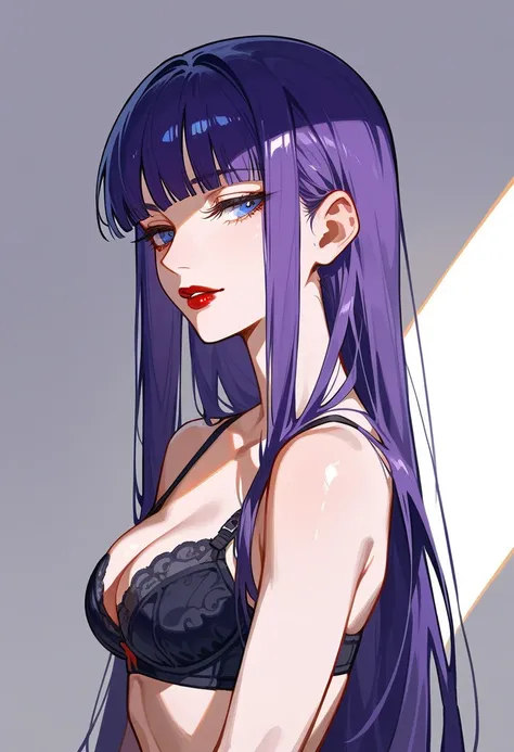 Artwork,,,,back view,adult female,single woman,alone,dark purple hair,long straight hair,long hair,short blunt bangs,dark blue eyes,half closed eyes,sly smile,full lips,red lipstick,expressionless,pale skin,medium breast,exposed body,wearing bra,shiny body...