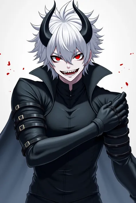 Anime man white hair with horns red eyes white skin black clothes with black straps on his arms smile with blood-stained fangs and clothes too 