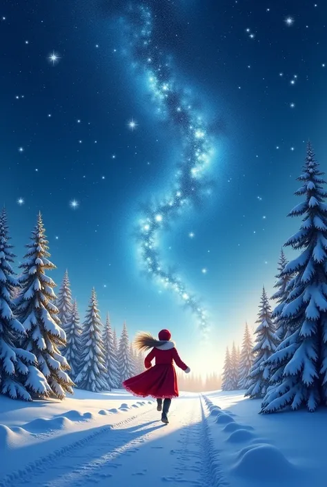  running through fairytale starry sky, new year, snow, fantasy art, magic environment