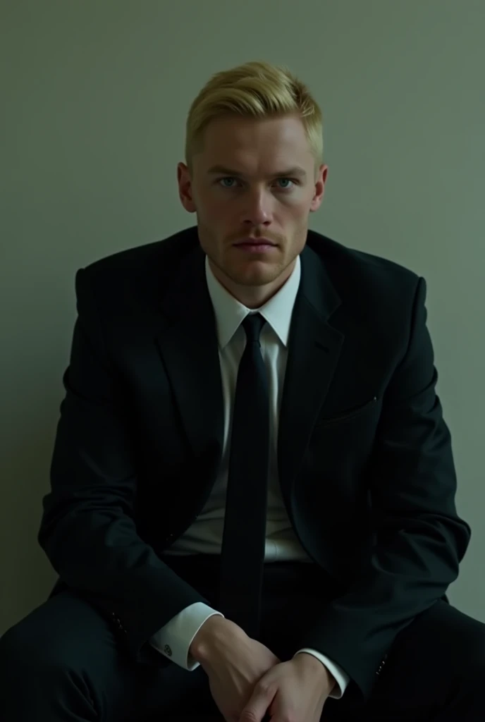 A man aged 30-35, golden-haired, very white, is a serial killer, cold-faced, wearing a black suit in a sitting position.