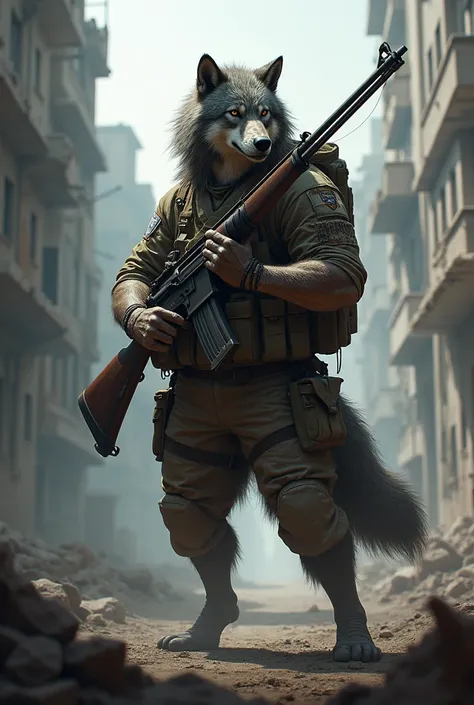 Create a character a wolf with a rifle in his hand and with a uniform from the written exercise 2AM 