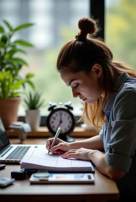 A person writing in a planner ,  with a list of goals and a laptop on their desktop . in the background,  a clock marking the early time and a window showing the operating output