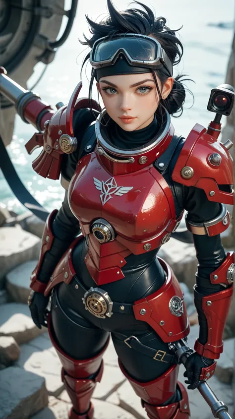 Fusion of Gelugg and Pretty Girl、 camera angle above thigh、Is there a steel ring on the neck too 、 there is little skin exposure、weapons、 red armor 、Long black hair、The background is rocky、anime、black mechanical goggles