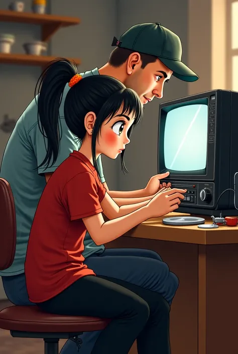 A young female with a round face and black and golden hair.  She wears a red shirt and black pants.  Her father is a middle-aged man with no beard and wearing a cap.  She and he are repairing a television and a radio at his workplace.