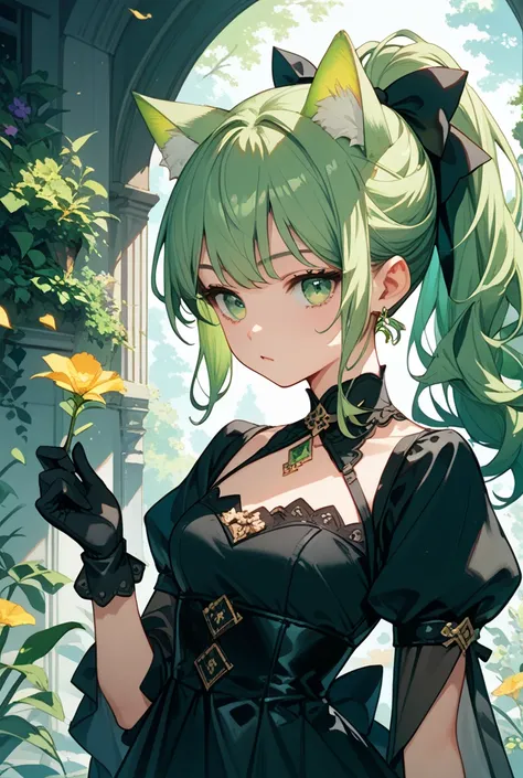 1girl,gen green hair, cat ears, green eyes, ponytail, green ears, black gloves, black dress,anime style