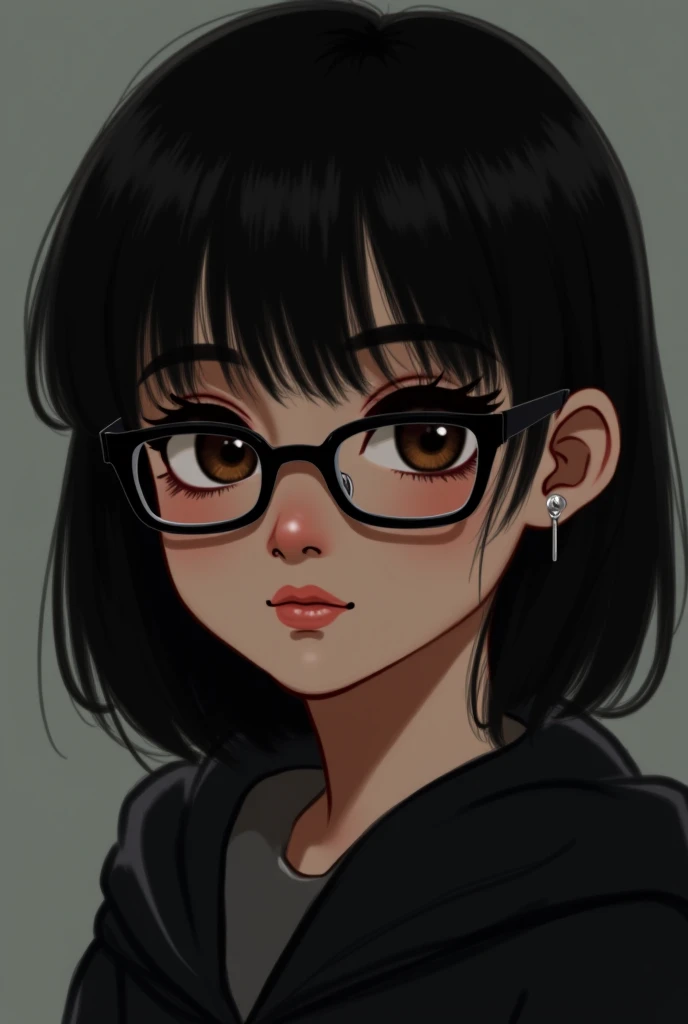 Teenager, black hair, black glasses that covers brown eyes, and a piercing in the right ear.