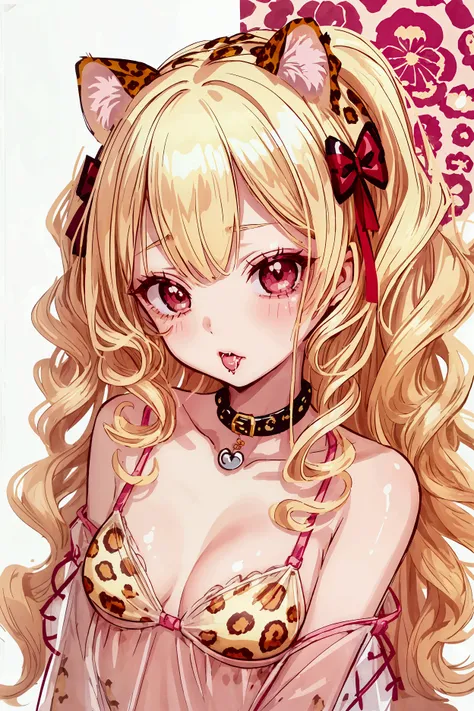   One Girl ,Droopy eyes,  top quality ,  jewelry,  perfect face,   perfect eyes,  pink lips,  small breasts,  Medium cut hair , curly hair , Blonde,red eyes,Dog Ears、,(naughty :1.3),Leopard print,