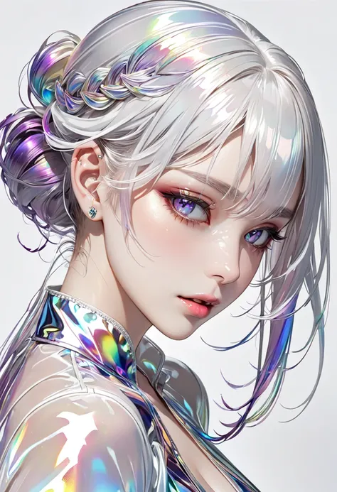 worldview of iridescent pure white, cool beauty, shining glossy silky messy half updo, vivid and seductive expression, transparent, ultra detailed, absolutely resolution, masterpiece