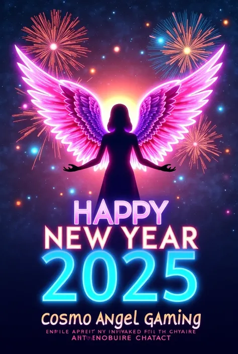 "Create an electrifying and eye-catching thumbnail for the online gaming platform Cosmo Angel Gaming, celebrating New Year 2025 in advance. The design should feature:

A dazzling cosmic background with vibrant, colorful fireworks lighting up the scene.

Gl...