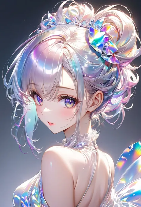 worldview of iridescent pure white, cool beauty, shining glossy silky messy half updo, vivid and seductive expression, transparent, ultra detailed, absolutely resolution, masterpiece