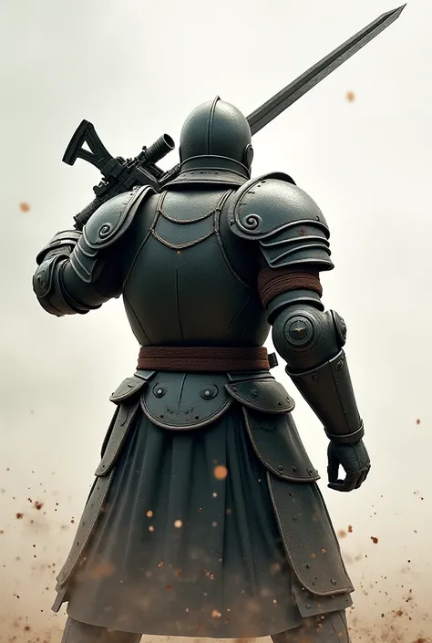 The back view of the knight Minimi character holding the sword in his right hand and swinging it diagonally upward on the right without full background