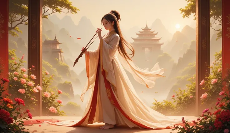 A mythical Chinese princess or goddess performs in an idyllic setting filled with flowers and an imposing palace landscape in the background. She wears a long, elegant hanfu of traditional cut, her flowing robes and hair gracefully billowing as she plays h...