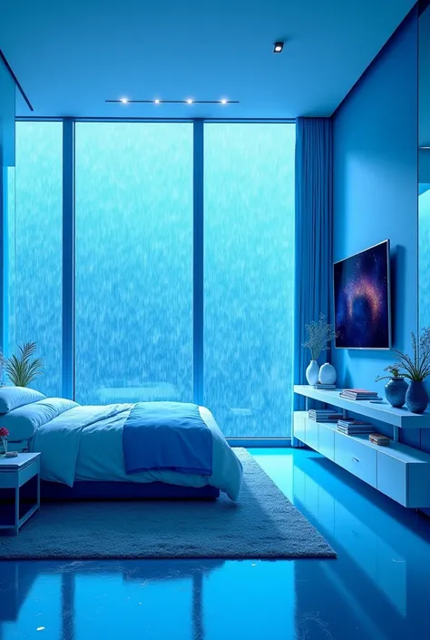 Elegant and luxurious blue theme room with futuristic design for girls equipped with tv and other room trinkets in blue and with large windows
 featuring a view of rain