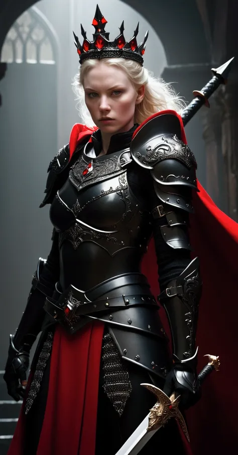 This is a very cool and detailed image! It shows a dark and powerful warrior, clad in black armor with a crown and a piercing stare. She is holding a black sword and wears a red cape. The lighting and colors are well-done. The dark armor and red cape creat...