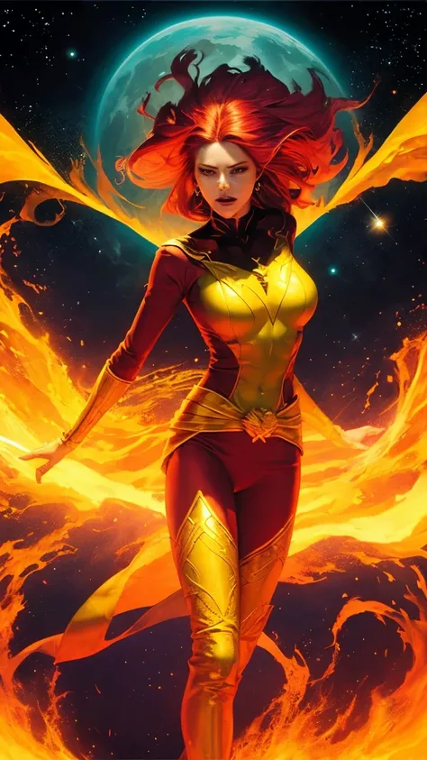 Highly detailed, cinematic, realistic. Jean Grey as the Phoenix, depicted as an exceptionally beautiful and powerful figure. Her fiery red hair flows dramatically, blending seamlessly into a radiant halo of glowing flames. She is adorned in her iconic Phoe...