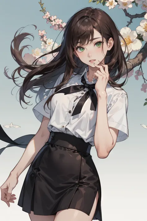 Beautiful girl with blowoit long brown hair that reaches above her chest and korea bangs, green eyes, wearing a white blouse with black skirt. shes Asian but American asian. Make the style like realistic manhwa-ish. highquality