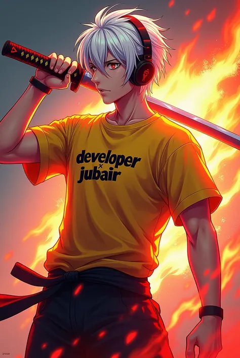 anime logo,  male, white hair wearing headphones, holding a katana with a red aura effect, wearing a yellow Developing shirt, on the shirt there is the word “DEVELOPER X JUBAIR” with flames burning,